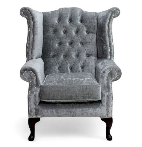 Chesterfield Queen Anne High Back Wing Chair Modena Silver Velvet