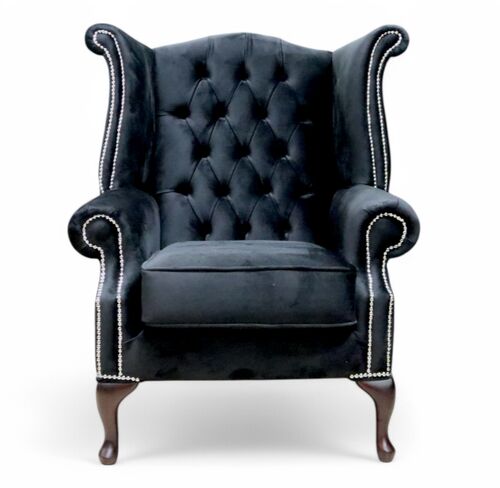 Chesterfield Queen Anne High Back Wing Chair Monaco Black Velvet