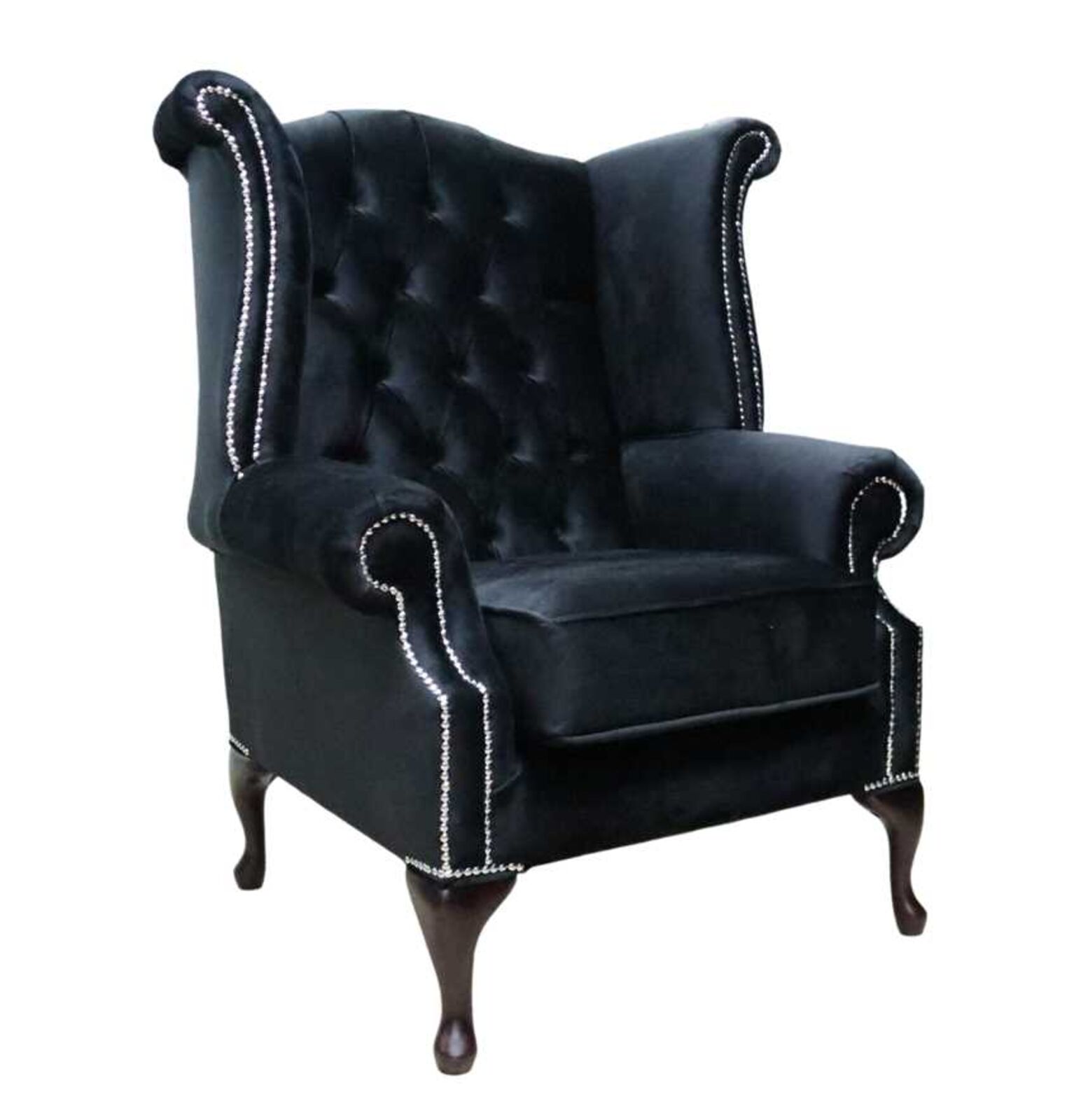 Product photograph of Chesterfield Queen Anne High Back Wing Chair Monaco Black Velvet from Designer Sofas 4U