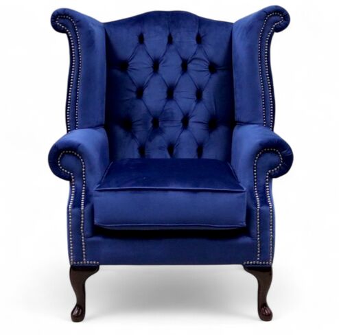 Chesterfield Queen Anne High Back Wing Chair Monaco Royal Blue Velvet