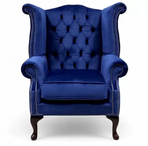 Chesterfield Queen Anne High Back Wing Chair Monaco Royal Blue Velvet