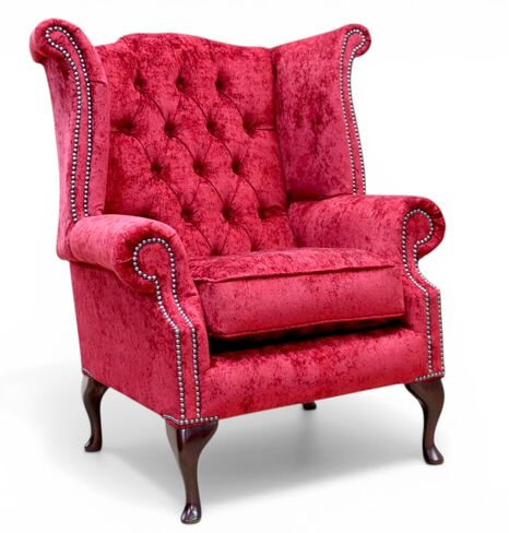 Chesterfield Queen Anne High Back Wing Chair Nuovo Claret Fabric