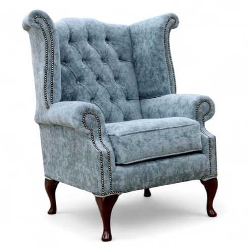 Chesterfield Queen Anne High Back Wing Chair Nuovo Lagoon Blue Fabric