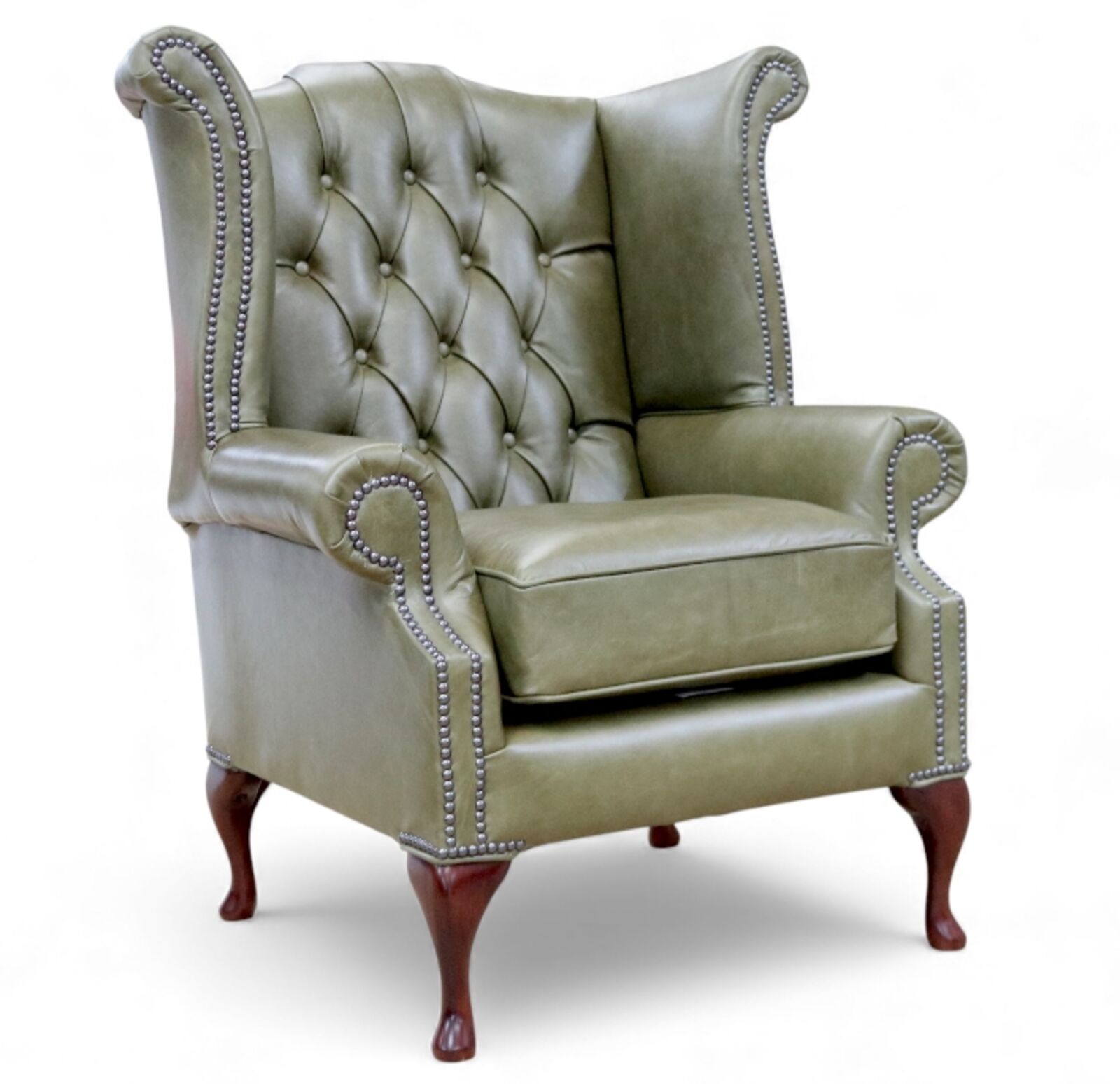 Chesterfield Queen Anne Alga Green High Back Wing Chair Old English Leather
