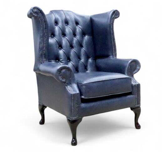 Chesterfield Queen Anne High Back Wing Chair Old English Ocean Blue