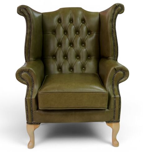 Chesterfield Queen Anne High Back Wing Chair Old English Olive Green