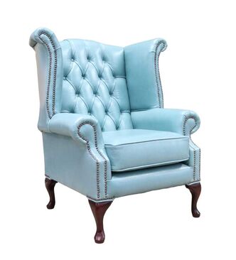 Chesterfield Queen Anne High Back Wing Chair Old English Palcid Lake Blue