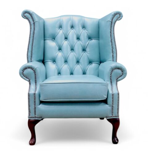 Chesterfield Queen Anne High Back Wing Chair Old English Placid Lake Blue Leather