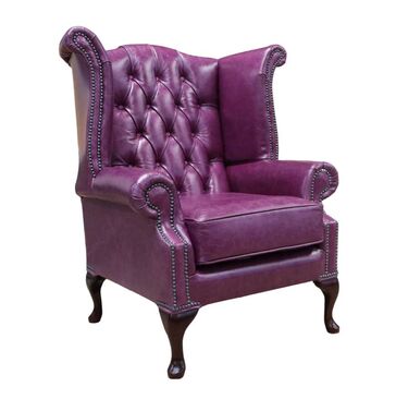 Chesterfield Queen Anne High Back Wing Chair Old English Plum Leather