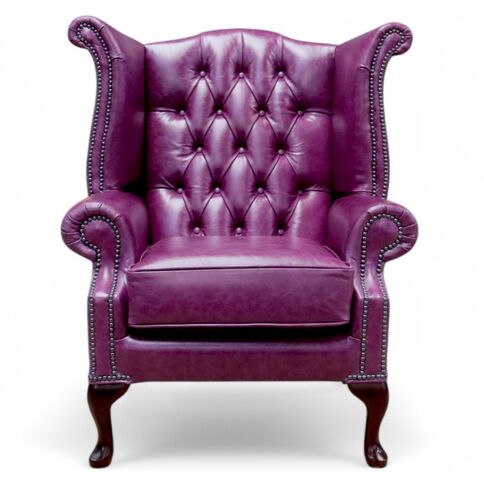 Chesterfield Queen Anne High Back Wing Chair Old English Plum Leather