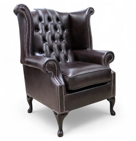 Chesterfield Queen Anne High Back Wing Chair Old English Smoke Leather 2" Base Height