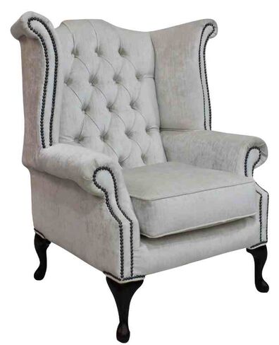 Chesterfield Queen Anne High Back Wing Chair Pastiche Chalk Velvet
