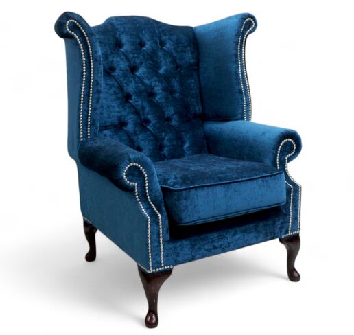 Chesterfield Queen Anne High Back Wing Chair Pastiche Petrol Blue Velvet