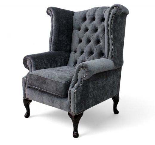 Chesterfield Queen Anne High Back Wing Chair Pastiche Steel Velvet
