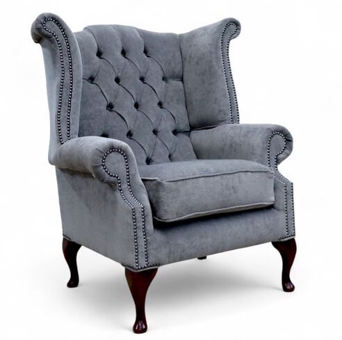 Chesterfield Queen Anne High Back Wing Chair Pimlico Carbon Fabric