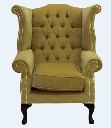 Chesterfield Fabric Queen Anne High Back Wing Chair Pimlico Corn
