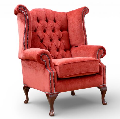 Chesterfield Queen Anne High Back Wing Chair Pimlico Henna Fabric