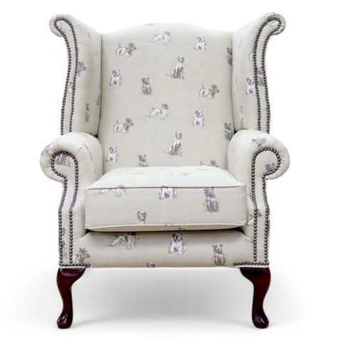 Chesterfield Queen Anne High Back Wing Chair Pooch Natural Fabric