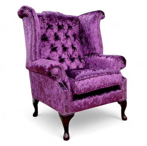 Chesterfield Queen Anne High Back Wing Chair Shimmer Amethyst Purple Velvet