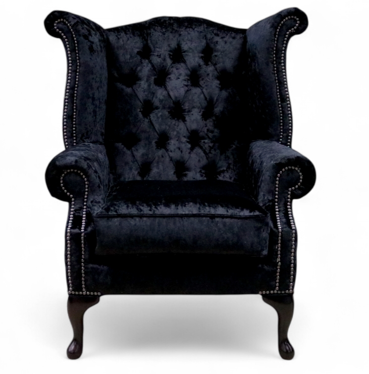 Chesterfield Queen Anne High Back Wing Chair Shimmer Black Velvet