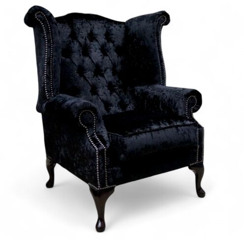 Chesterfield Queen Anne High Back Wing Chair Shimmer Black Velvet