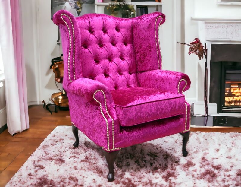Product photograph of Chesterfield Queen Anne High Back Wing Chair Shimmer Fuchsia Velvet from Designer Sofas 4U