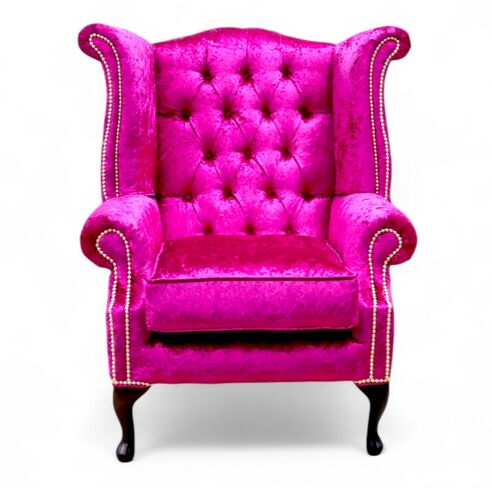 Chesterfield Queen Anne High Back Wing Chair Shimmer Fuchsia Velvet