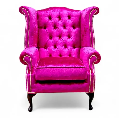 Chesterfield Queen Anne High Back Wing Chair Shimmer Fuchsia Velvet