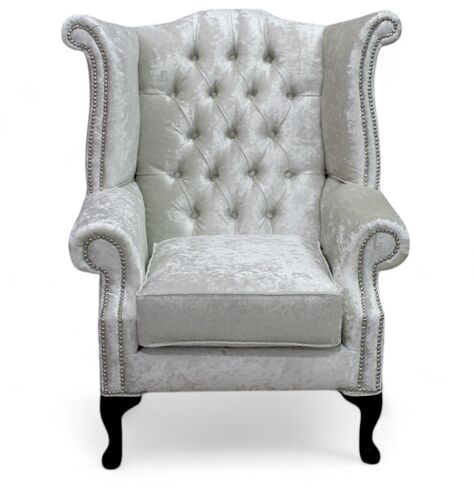 Chesterfield Queen Anne High Back Wing Chair Shimmer Pearl Velvet