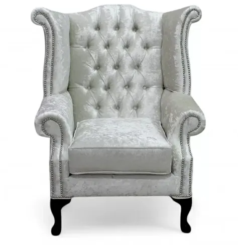 Chesterfield Queen Anne High Back Wing Chair Shimmer Pearl Velvet