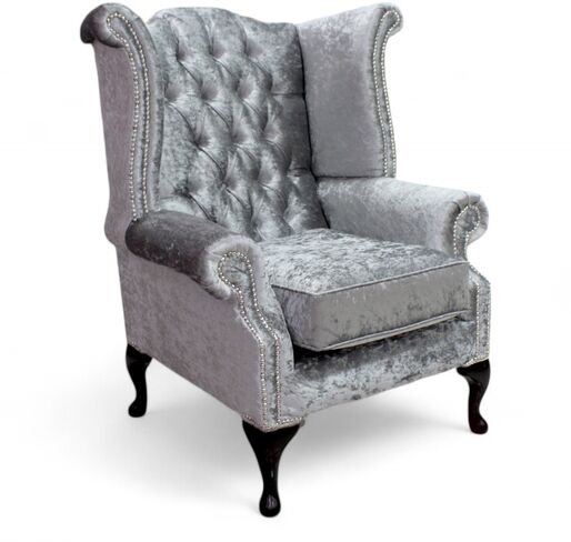 Chesterfield Queen Anne High Back Wing Chair Shimmer Silver Velvet