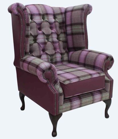Chesterfield Queen Anne Wool Tweed Leather Wing Chair Fireside High Back Armchair Skye Amethyst Check