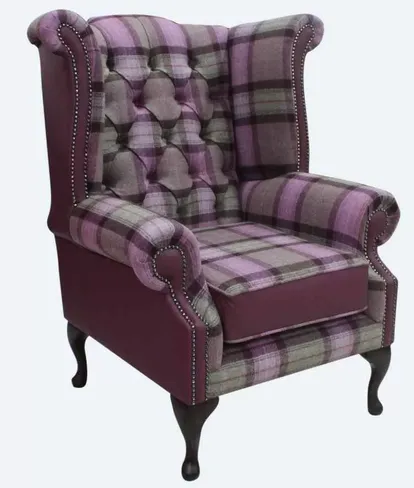 Chesterfield Queen Anne Wool Tweed Leather Wing Chair Fireside High Back Armchair Skye Amethyst Check