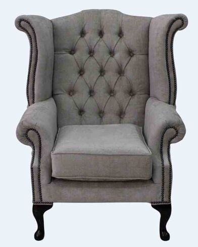 Chesterfield Fabric Queen Anne High Back Wing Chair Velluto Hessian Mink Fabric