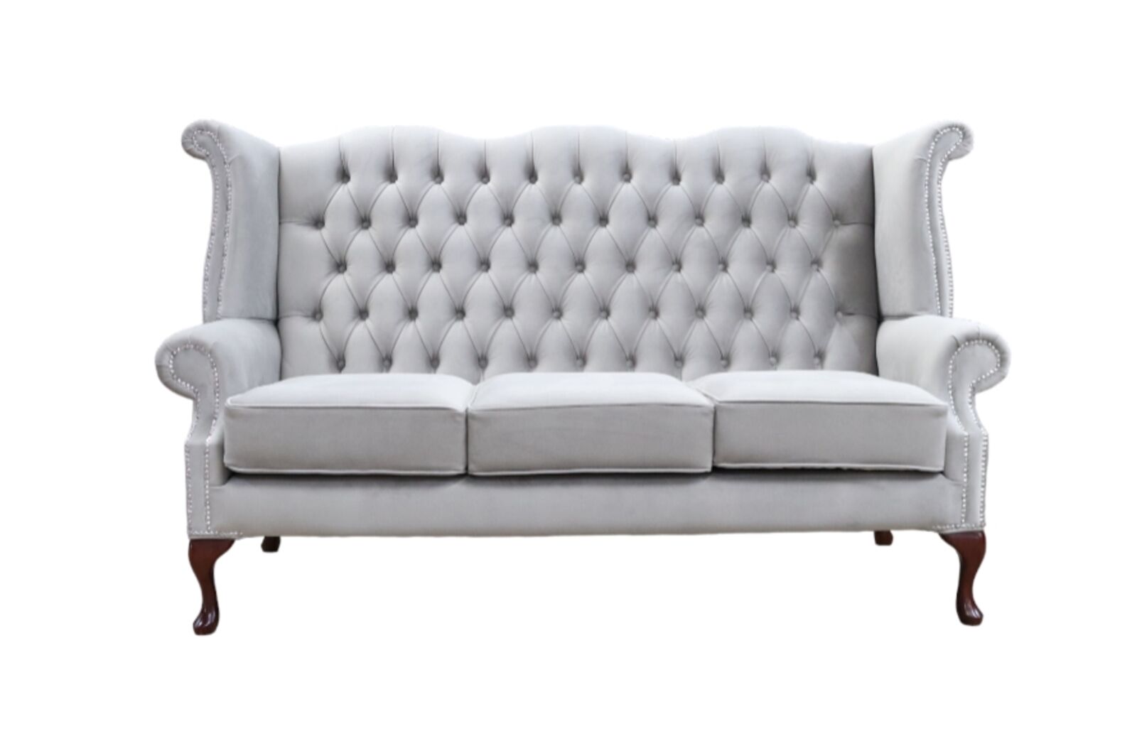 Product photograph of Chesterfield Queen Anne 3 Seater High Back Wing Sofa Chair Amalfi Fossil Grey Velvet from Designer Sofas 4U