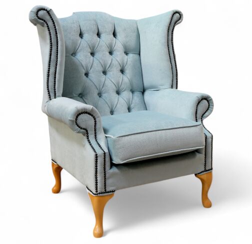 Chesterfield Queen Anne High Wing Back Chair Duck Egg Fabric