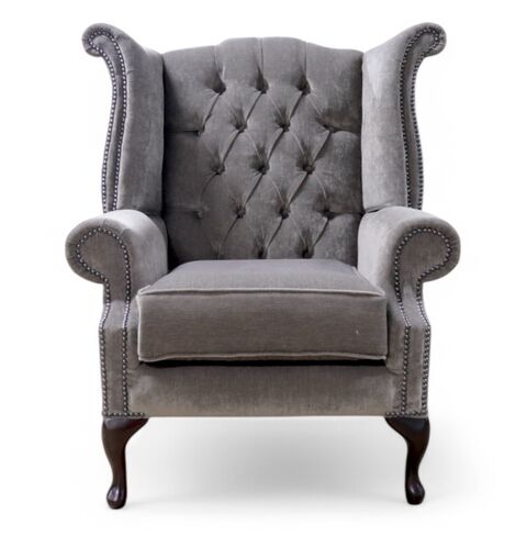 Chesterfield Queen Anne High Wing Back Pimlico Bark Fabric Chair