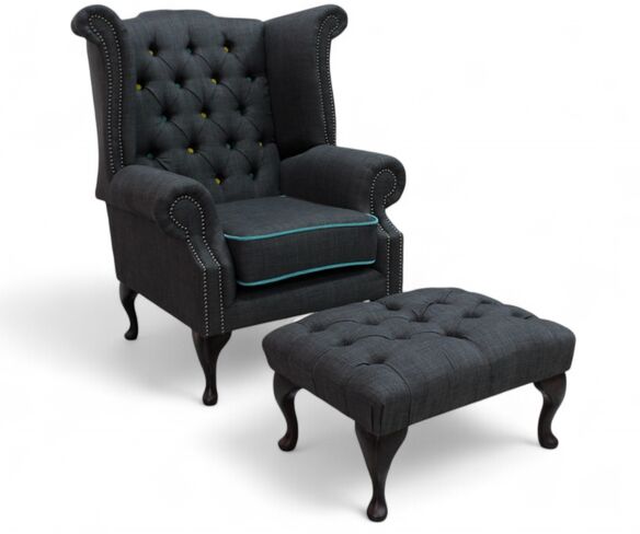 Chesterfield Queen Anne Linen High Back Wing Chair Charles Charcoal Blue Trim + Footstool