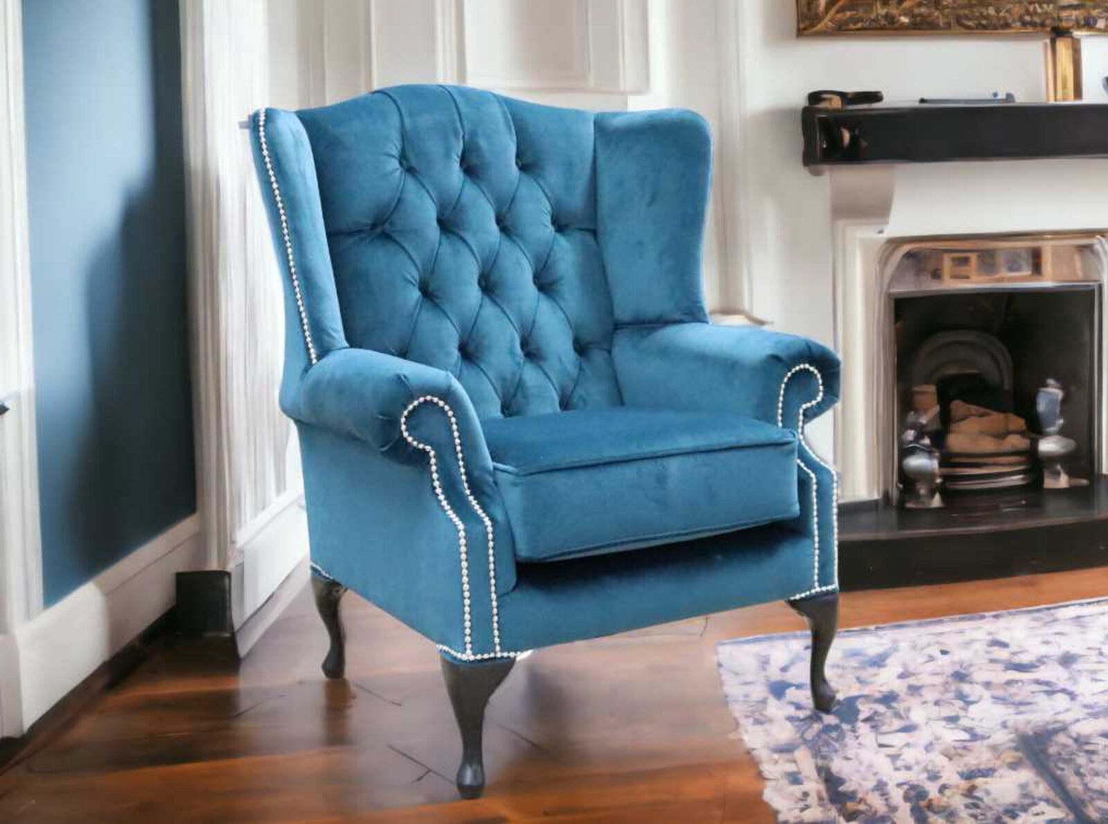 Product photograph of Chesterfield Bloomsbury Flat Wing Queen Anne Chair Malta Peacock Blue Fabric from Designer Sofas 4U