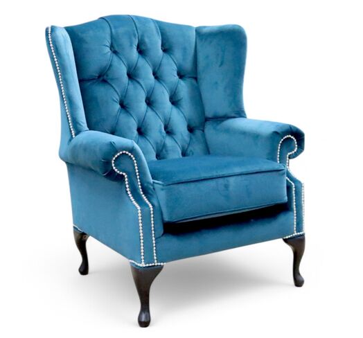 Chesterfield Bloomsbury Flat Wing Queen Anne Chair Malta Peacock Blue Fabric