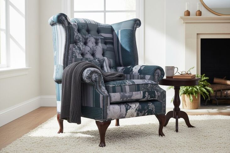 Chesterfield Patchwork Grey Queen Anne High Back Wing Chair