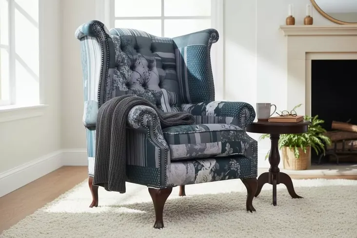Chesterfield Patchwork Grey Queen Anne High Back Wing Chair