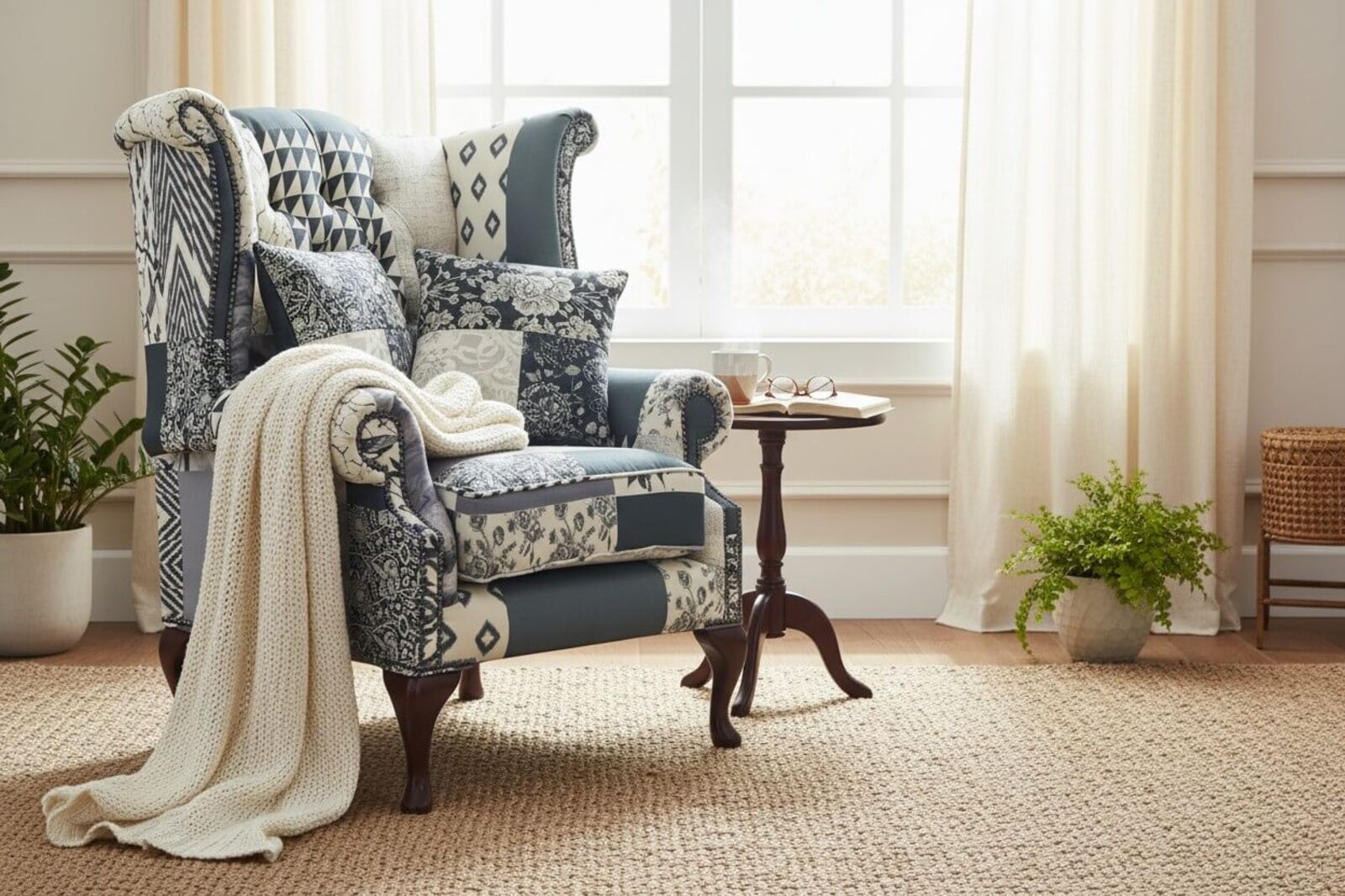 Photos - Chair Chesterfield Queen Anne High Back Wing  Charles Patchwork Beige UK143103708 