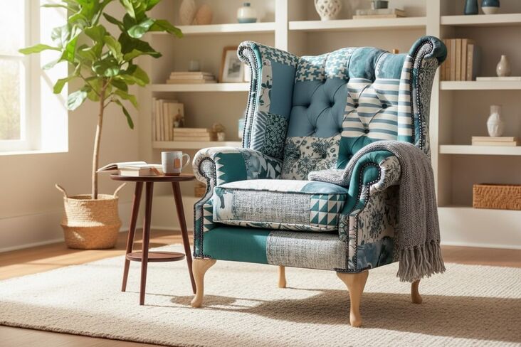 Chesterfield Queen Anne High Back Wing Chair Charles Patchwork Green