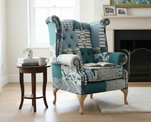 Chesterfield Queen Anne High Back Wing Chair Charles Patchwork Green