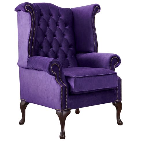 Chesterfield Queen Anne High Back Wing Chair Malta Amethyst Purple Velvet Fabric