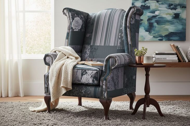 Chesterfield Saxon Patchwork Grey Queen Anne High Back Wing Chair