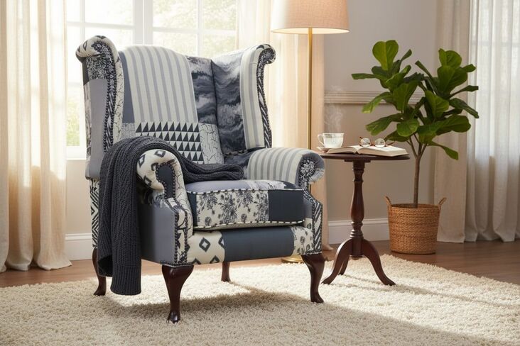 Chesterfield Saxon Queen Anne High Back Wing Chair Charles Patchwork Beige