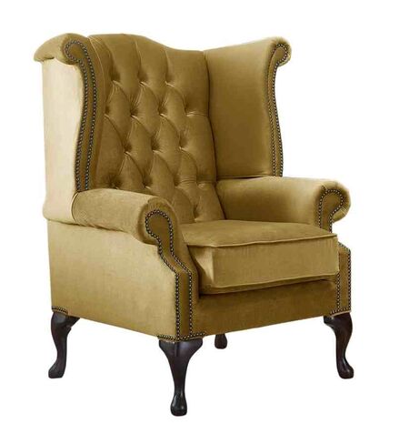 Chesterfield Queen Anne High Back Wing Chair Malta Gold Velvet Fabric