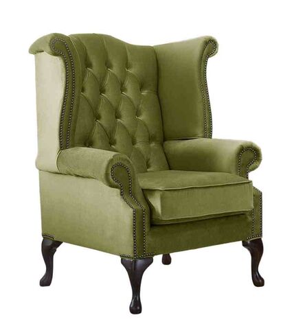 Chesterfield Queen Anne High Back Wing Chair Malta Grass Green Velvet Fabric